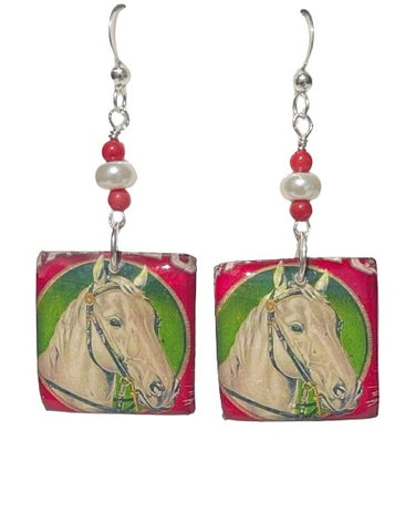 Altered Art Red White Vintage  Horse Earrings